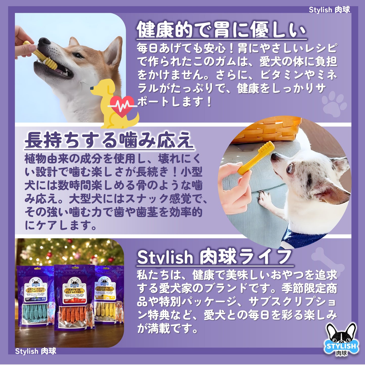 Stylish 肉球・犬用歯磨きガム 犬 おやつ フルーツ＆ミントの味 90g 長持ち6本 天然素材 口臭ケア 息ケア 歯垢除去 デンタルケア